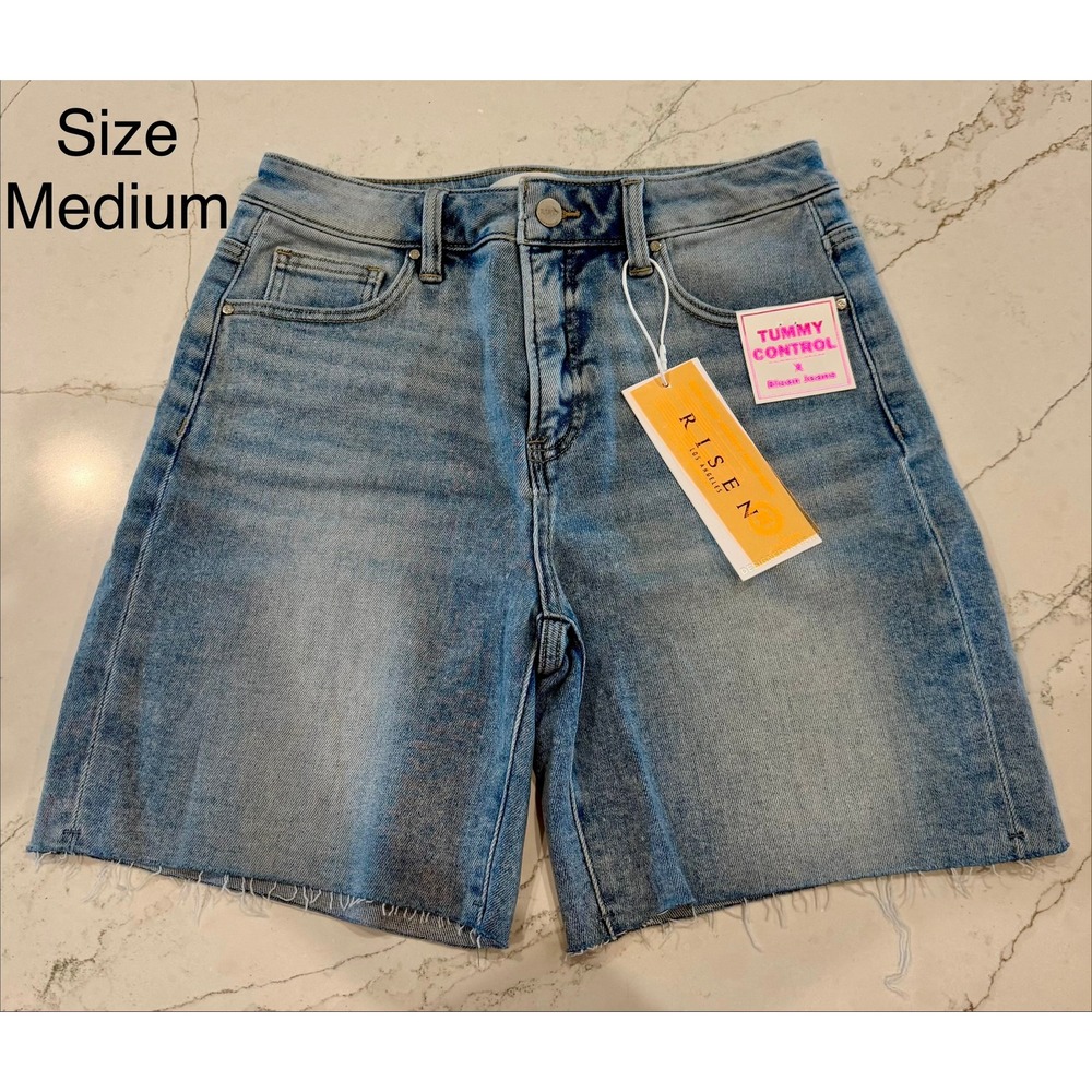 Risen Jeans Tummy Control High Rise Raw Hem Denim Shorts Light Wash RDS6286 M